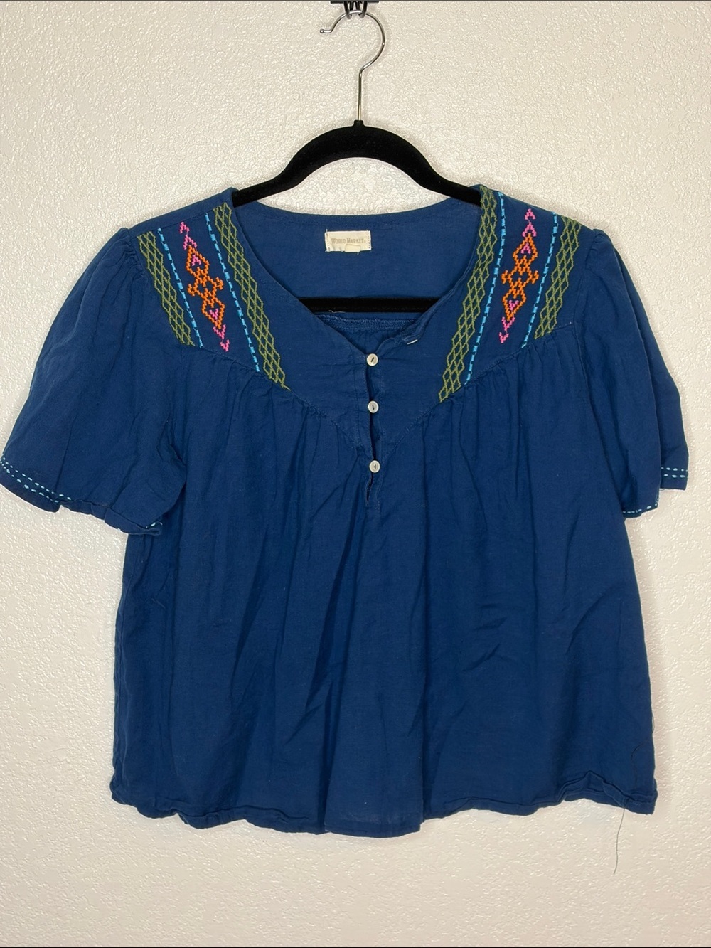 World Market Blue Embroidered Boho Blouse Size Small/Medium